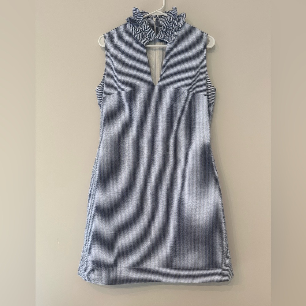 White and Blue Ruffle Collar Seersucker Dress
